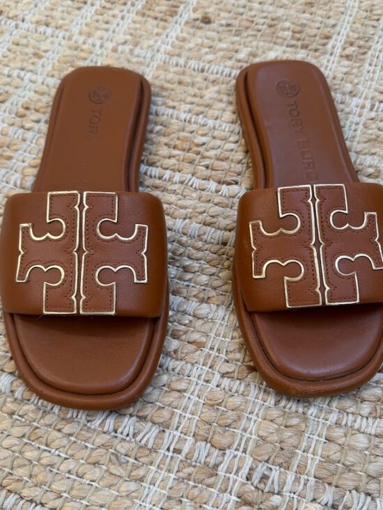 Tory Burch Shoes - Tory Burch Logo Slide Sandals Brown Leather Size 6